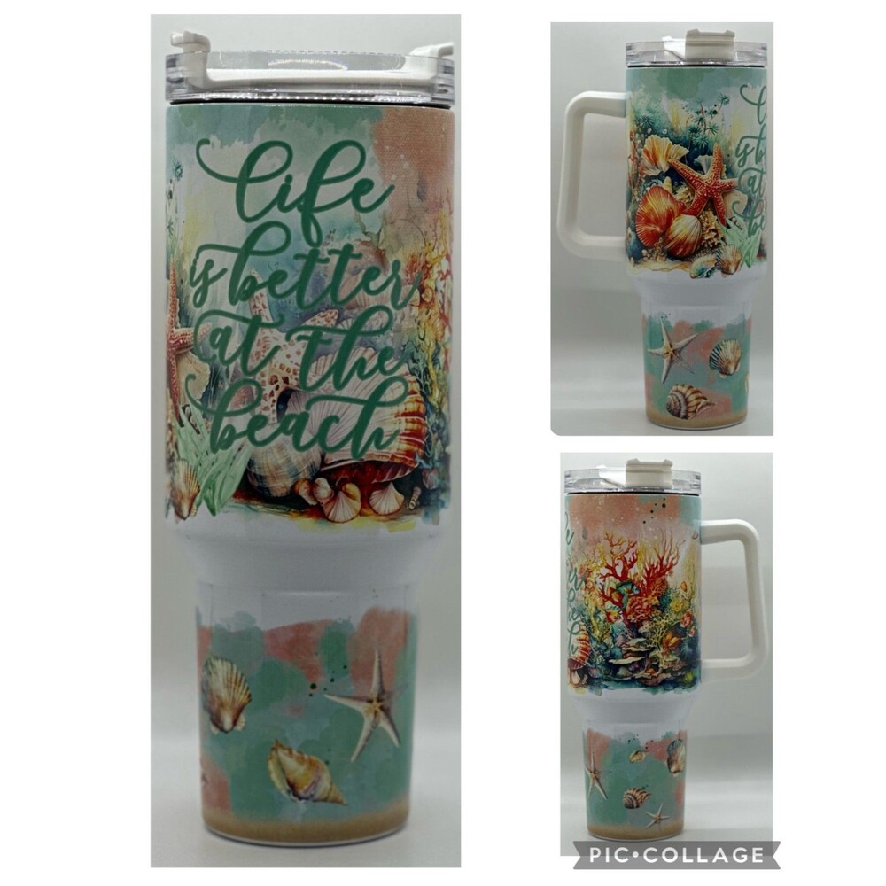 "Life is better at the beach" NEW 40 oz Stainless Steel Tumbler w/Handle & Straw